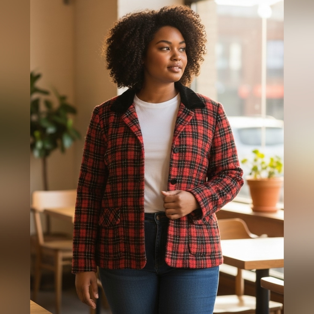 Vintage Joan Leslie Jacket  Red Plaid Tweed Black Velvet Business Casual Blazer